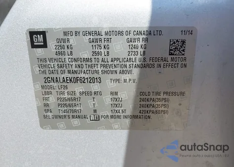 2015 Chevrolet Equinox Ls z USA, uszkodzony, nr VIN 2GNALAEK0F6212013